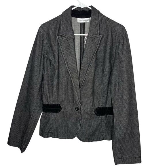 New! Chadwick’s Gray Denim Button Velvet Waistband Peplum Women Blazer Sz 16 - Picture 1 of 10